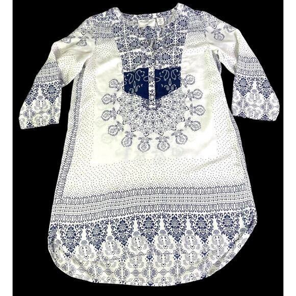 H&M L.O.G.G Women's Sheer White Blue Embroidery 1/4 Button Boho Dress Size 8 - Picture 7 of 11